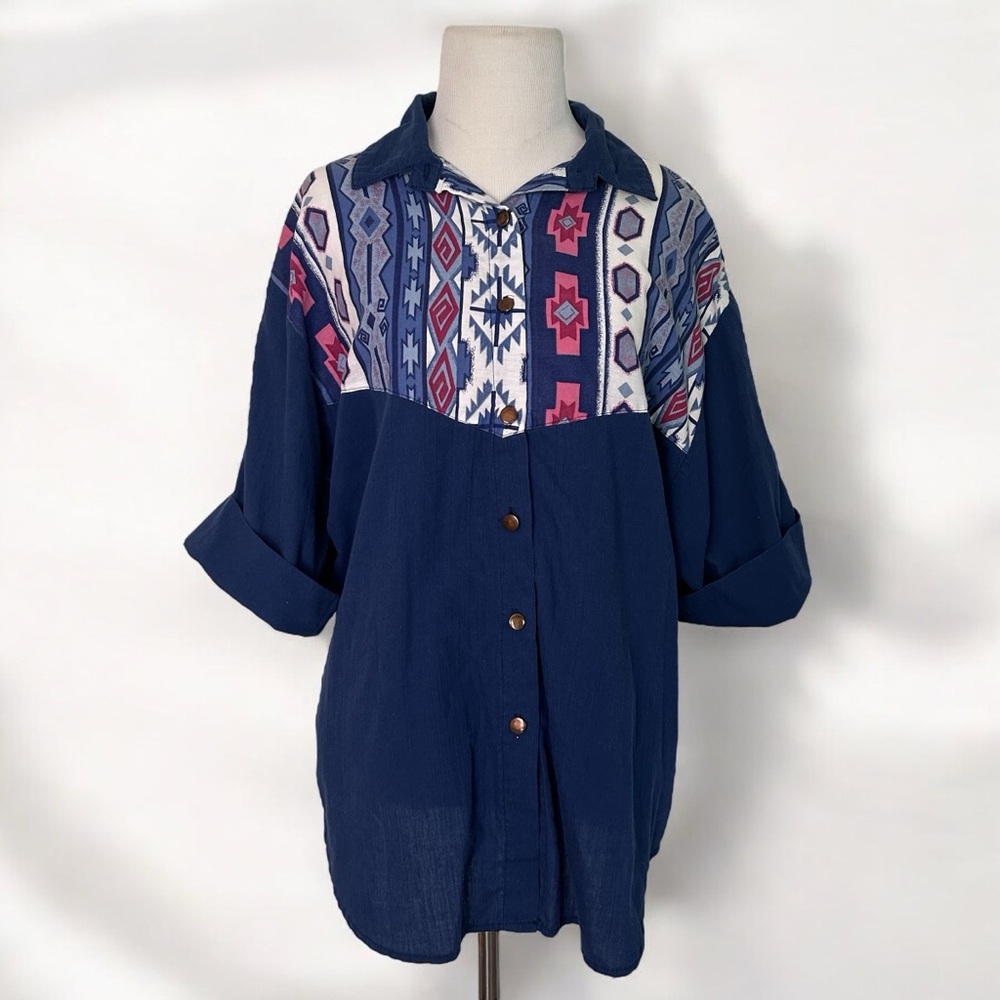 Navy Blue Western Geometric Button Up